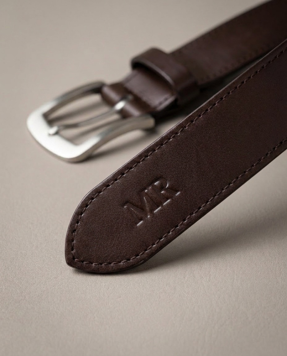Špice prošitého tmavě hnědého opasku Walker s monogramem MR
