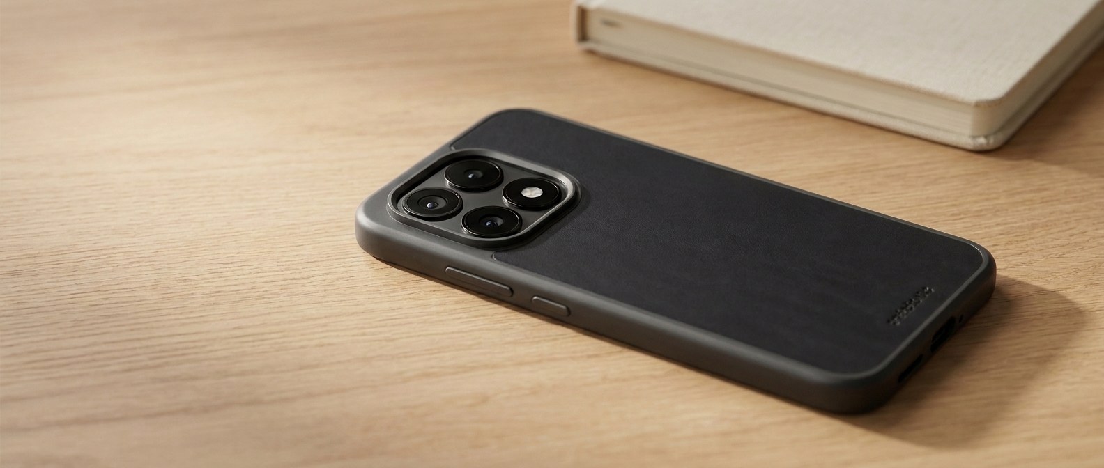 Černý kožený kryt na Xiaomi 17 s MagSafe položený zády vzhůru na dubovém stole