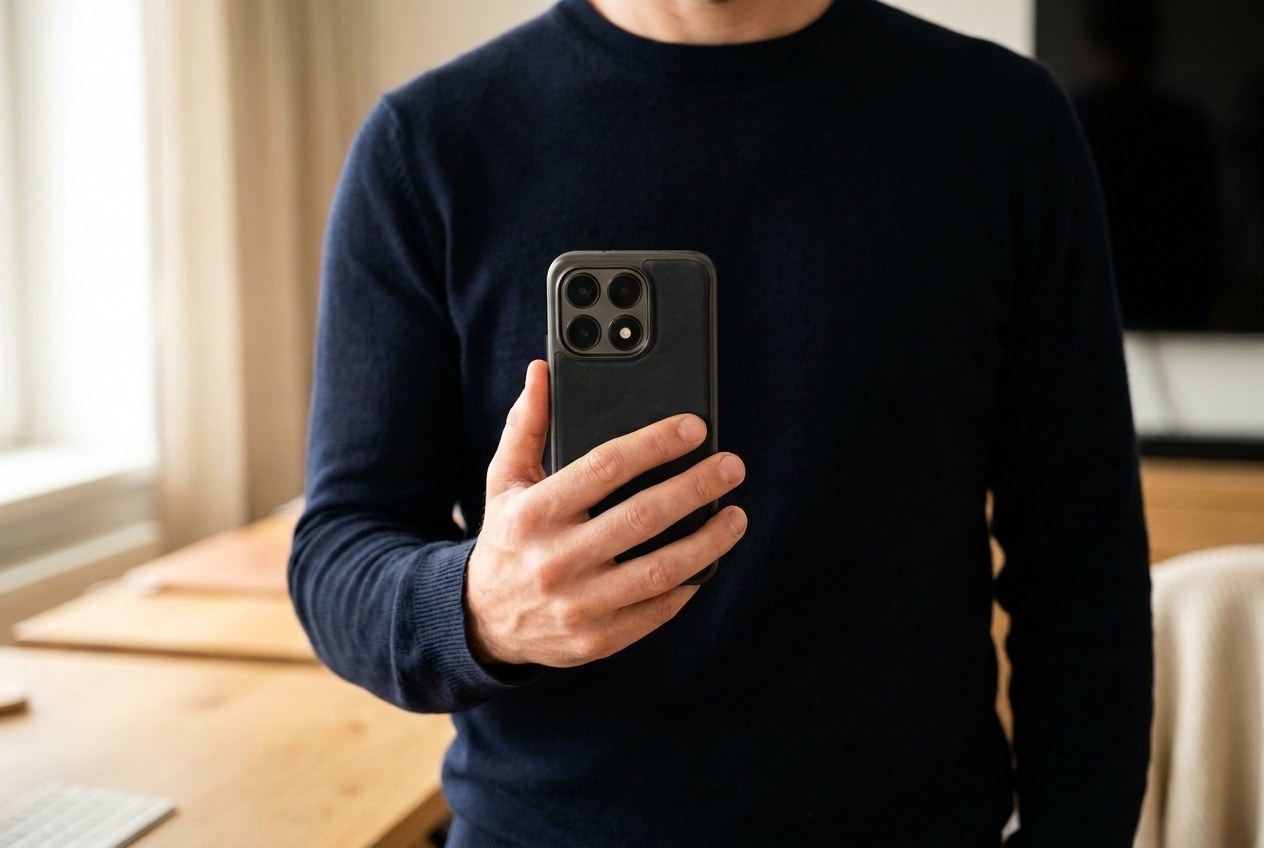 Muž v tmavém svetru drží Xiaomi ve černém koženém krytu, záda krytu směrem k divákovi
