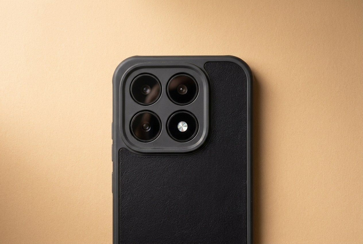 Detail výřezu kolem čoček fotoaparátu a tlačítek na černém koženém krytu Xiaomi