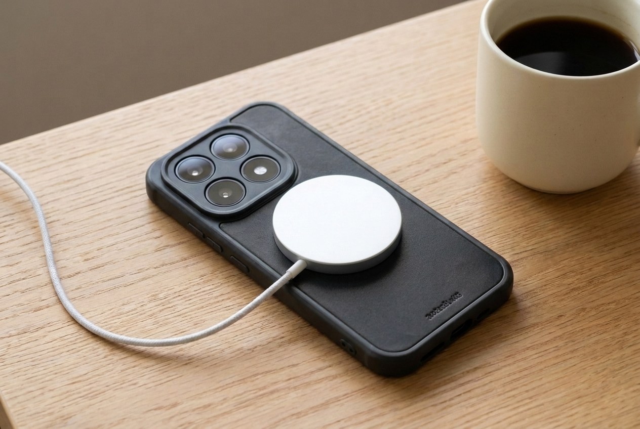 Bezdrátová nabíječka MagSafe přichycená na zádech černého koženého krytu Xiaomi na dubovém stole