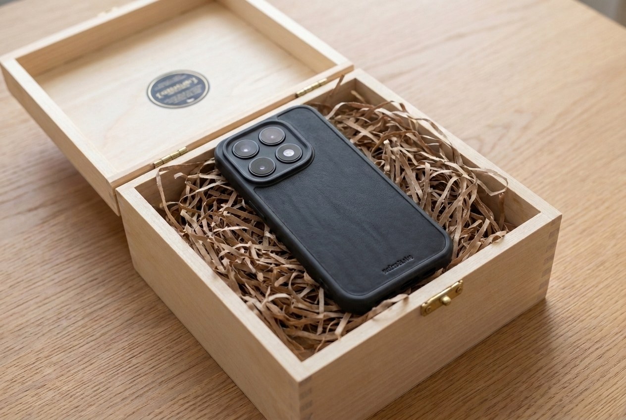 Černý kožený kryt Xiaomi uložený v dřevěné dárkové krabičce s dřevitou vlnou