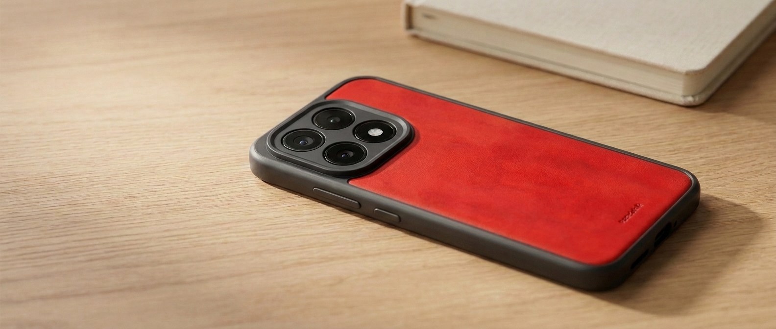 Červený kožený kryt na Xiaomi 17 s MagSafe položený zády vzhůru na dubovém stole
