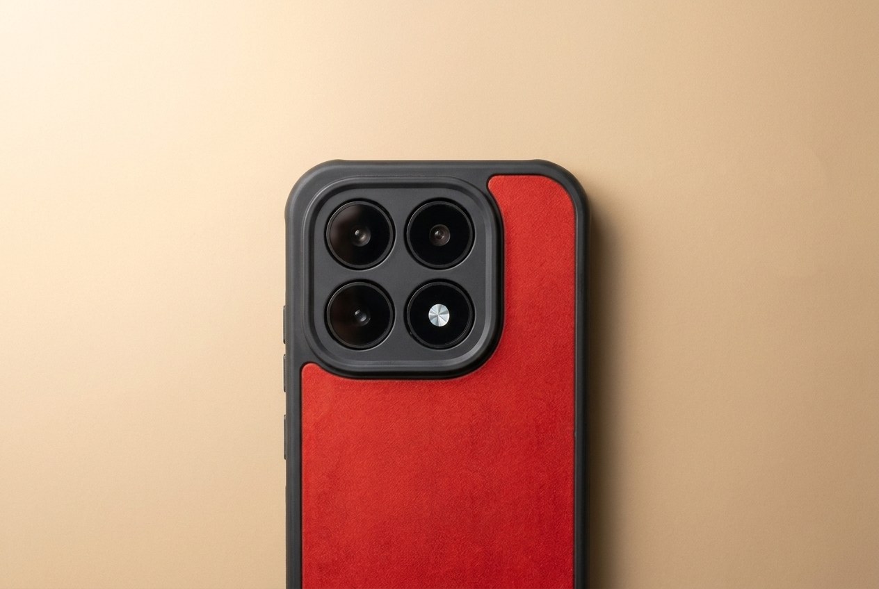 Detail výřezu kolem čoček fotoaparátu a tlačítek na červeném koženém krytu Xiaomi