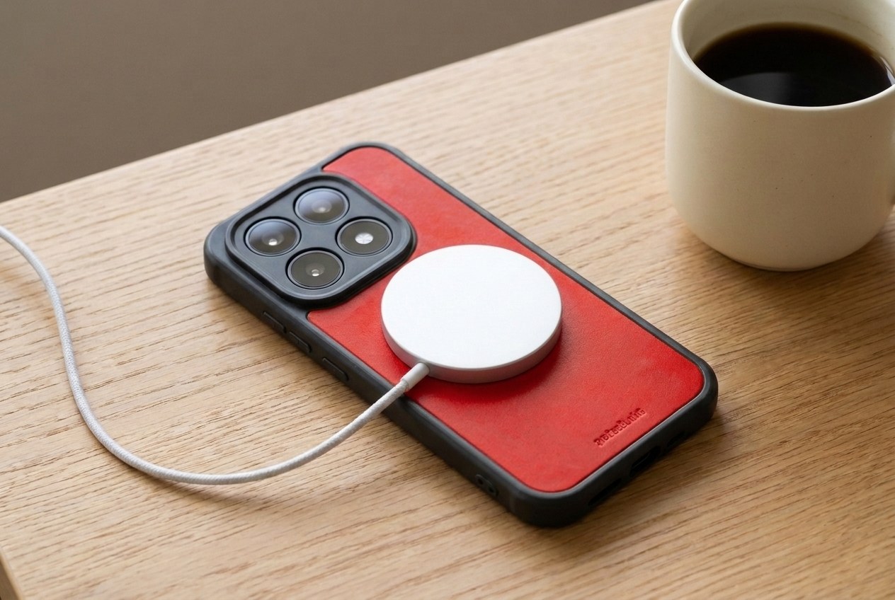 Bezdrátová nabíječka MagSafe přichycená na zádech červeného koženého krytu Xiaomi na dubovém stole
