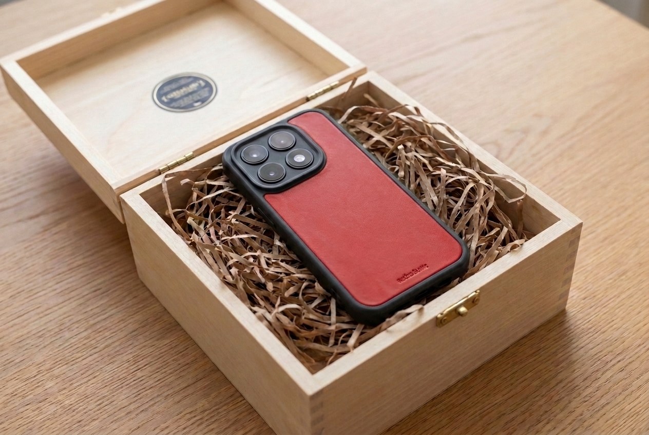 Červený kožený kryt Xiaomi uložený v dřevěné dárkové krabičce s dřevitou vlnou