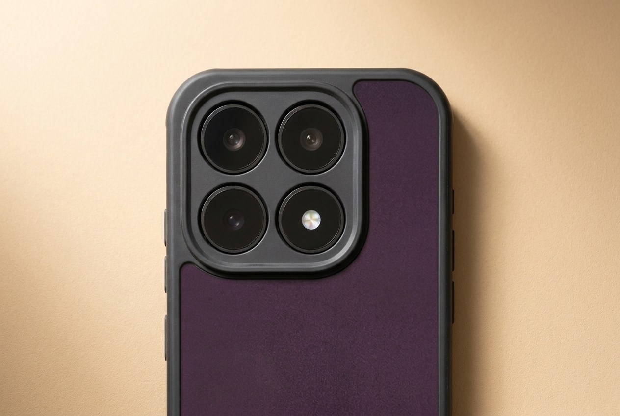 Detail výřezu kolem čoček fotoaparátu a tlačítek na fialovém koženém krytu Xiaomi