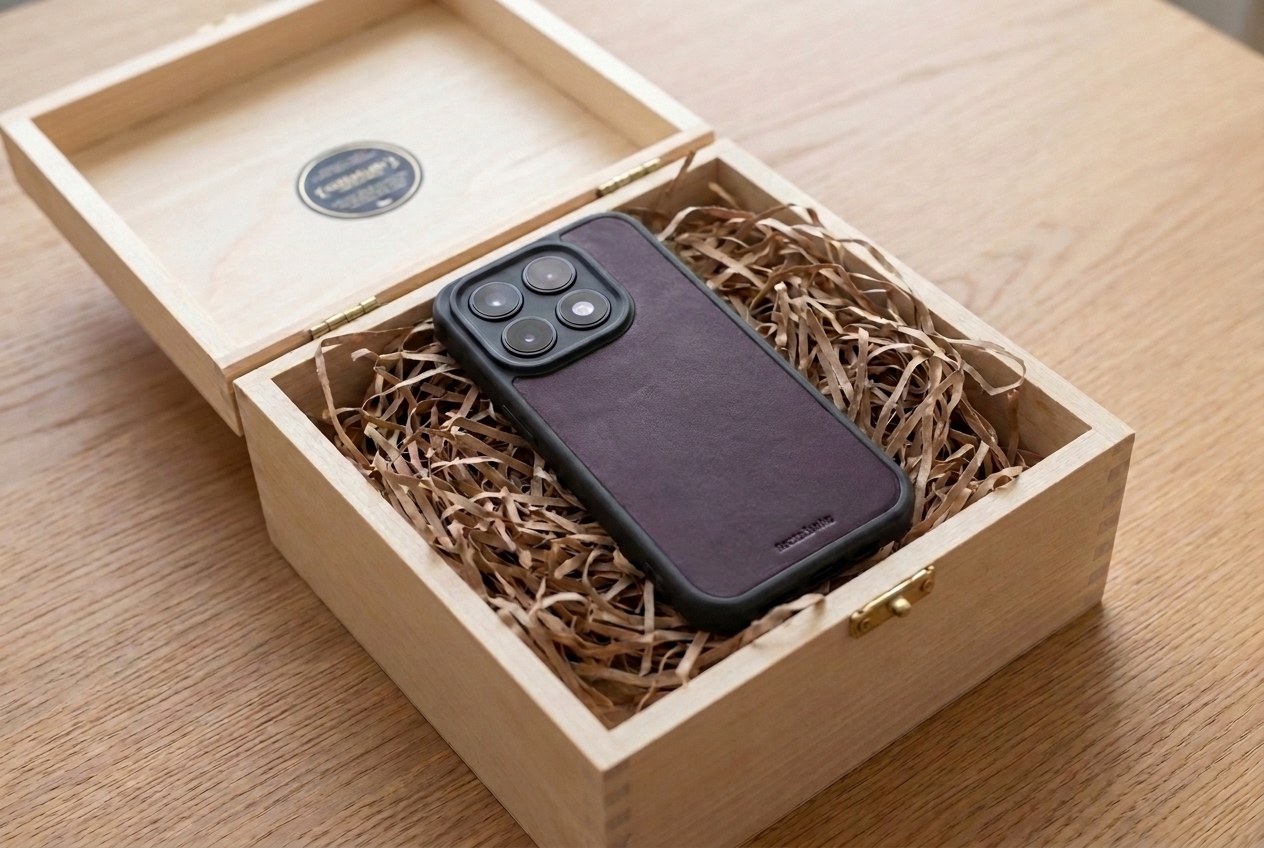Fialový kožený kryt Xiaomi uložený v dřevěné dárkové krabičce s dřevitou vlnou