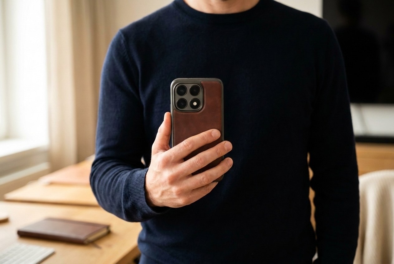 Muž v tmavém svetru drží Xiaomi ve hnědém koženém krytu, záda krytu směrem k divákovi