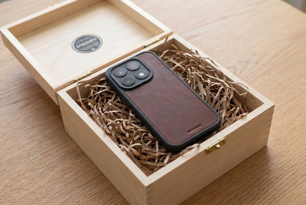 Hnědý kožený kryt Xiaomi uložený v dřevěné dárkové krabičce s dřevitou vlnou
