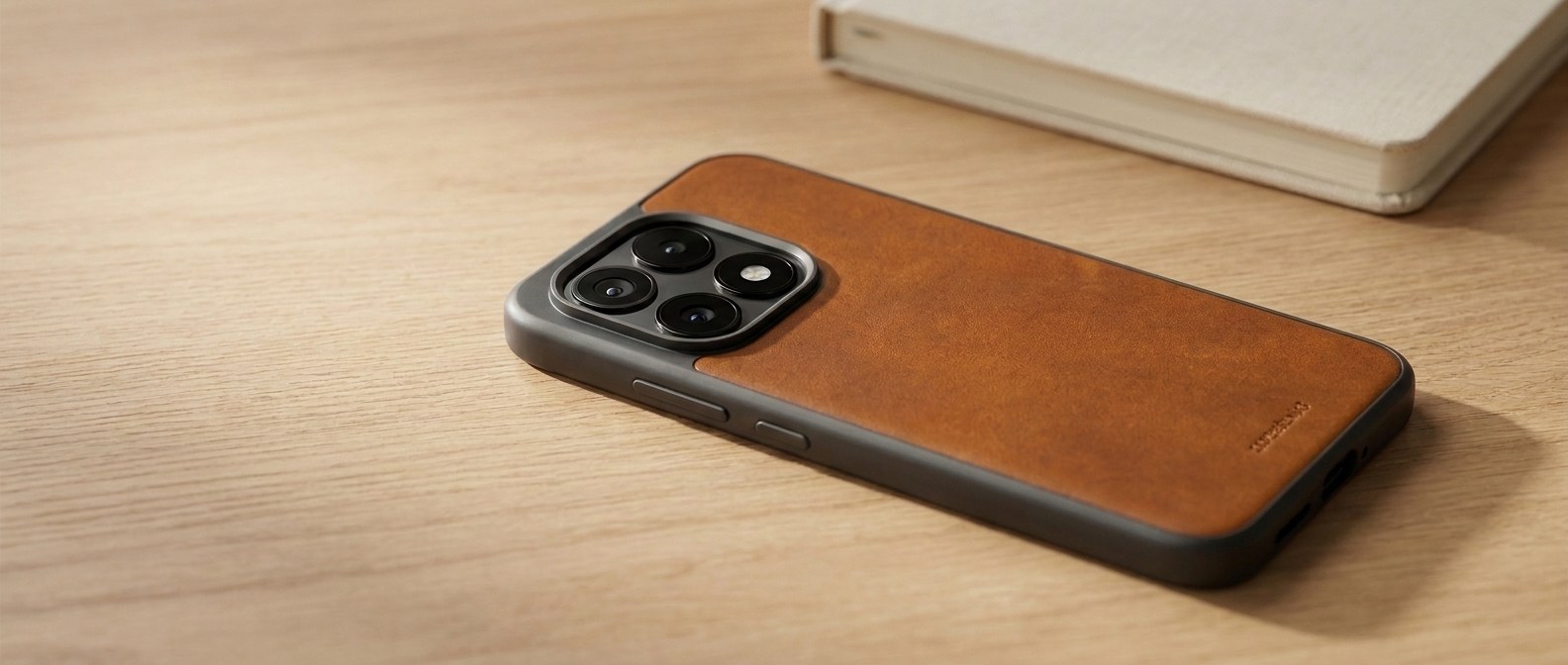 Koňakový kožený kryt na Xiaomi 17 s MagSafe položený zády vzhůru na dubovém stole
