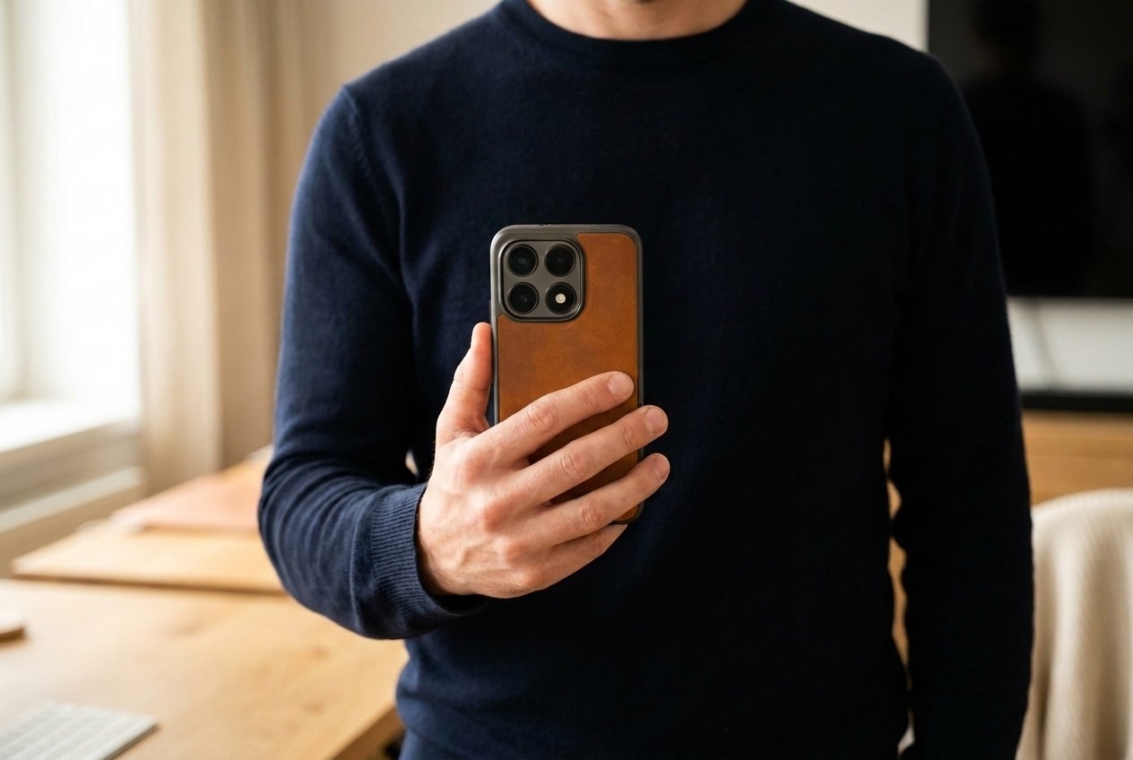 Muž v tmavém svetru drží Xiaomi ve koňakovém koženém krytu, záda krytu směrem k divákovi
