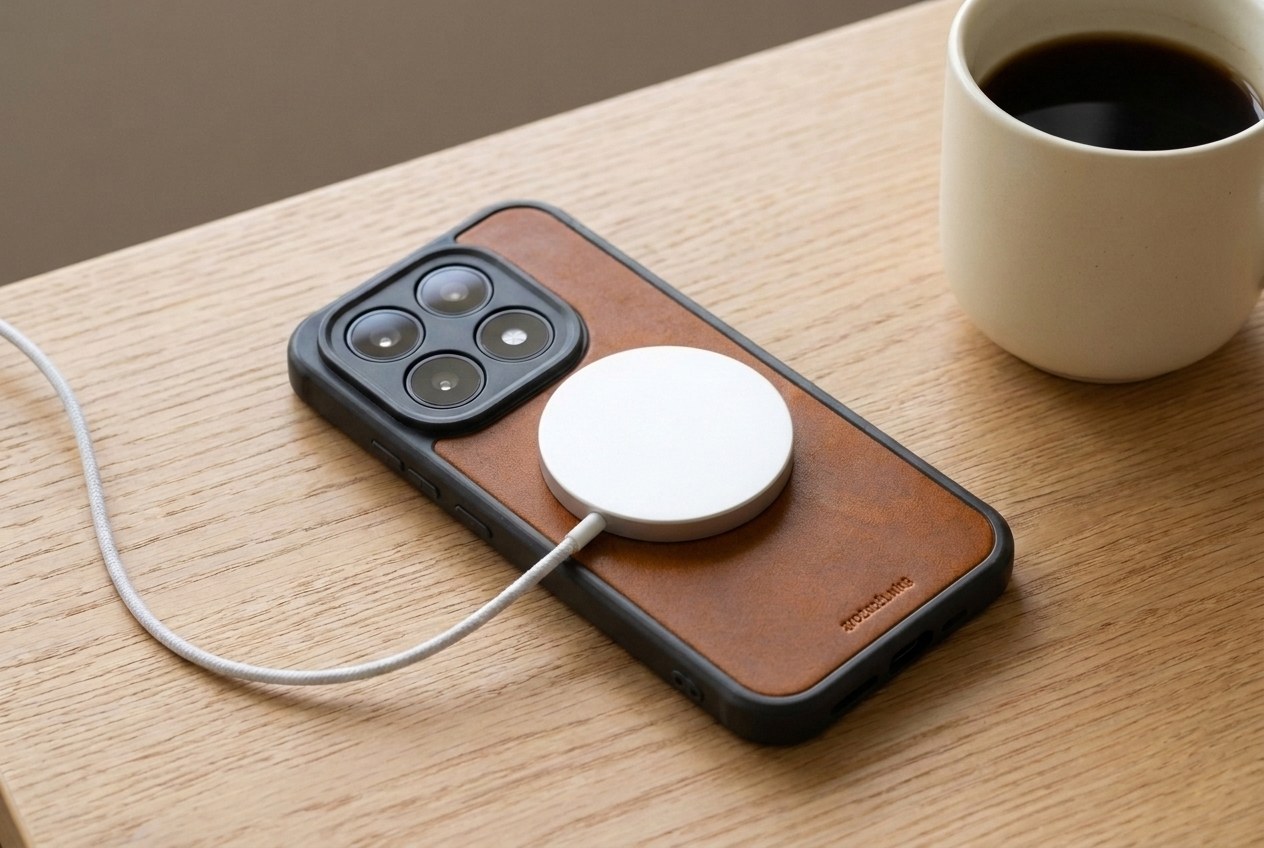 Bezdrátová nabíječka MagSafe přichycená na zádech koňakového koženého krytu Xiaomi na dubovém stole