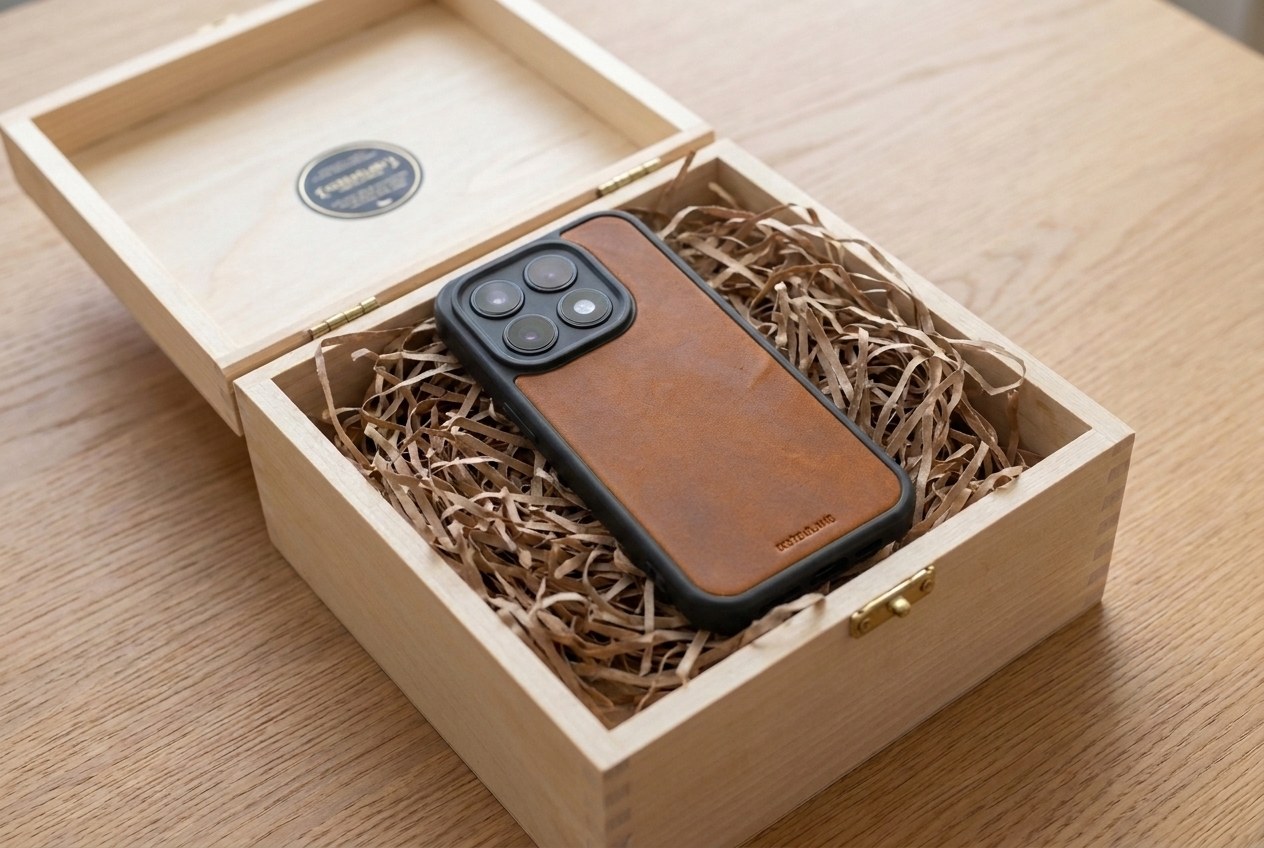 Koňakový kožený kryt Xiaomi uložený v dřevěné dárkové krabičce s dřevitou vlnou