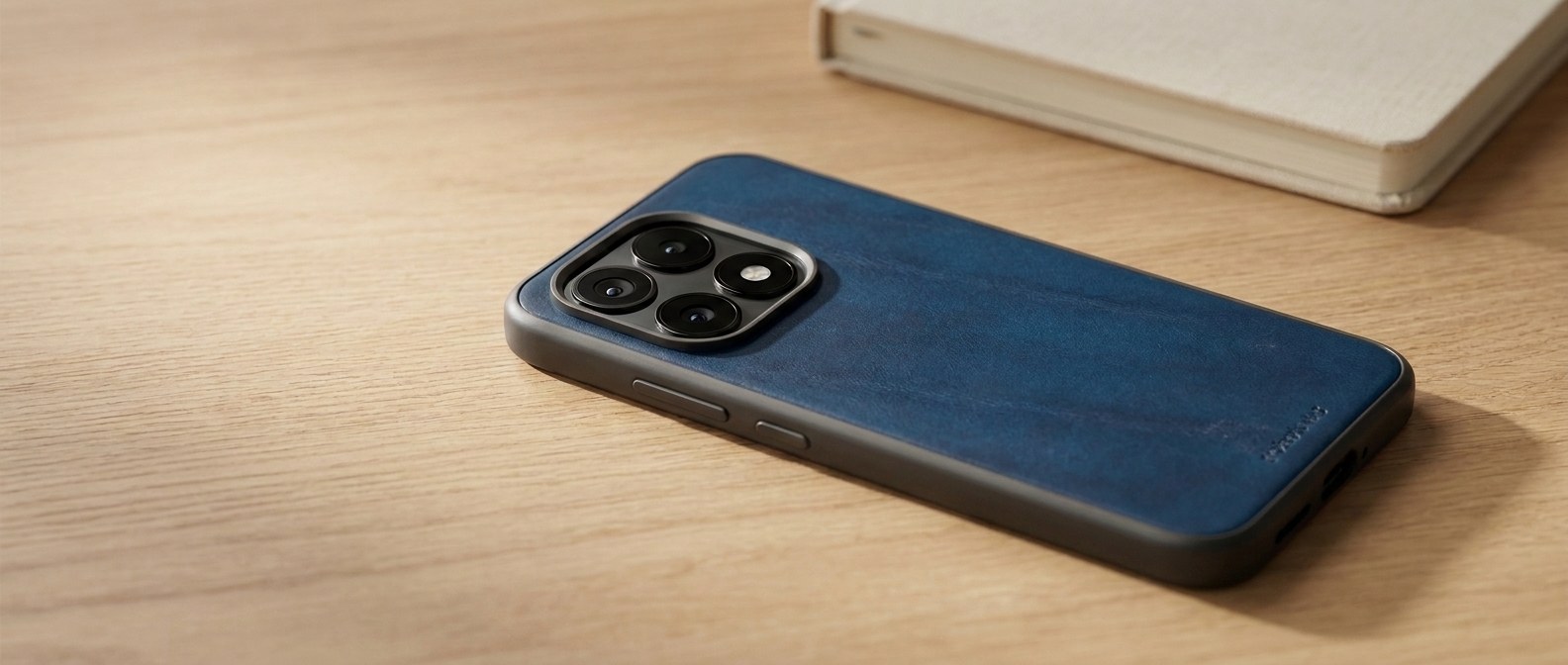 Modrý kožený kryt na Xiaomi 17 s MagSafe položený zády vzhůru na dubovém stole