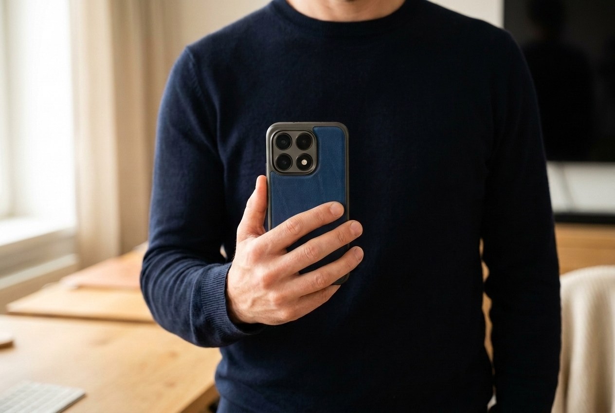 Muž v tmavém svetru drží Xiaomi ve modrém koženém krytu, záda krytu směrem k divákovi