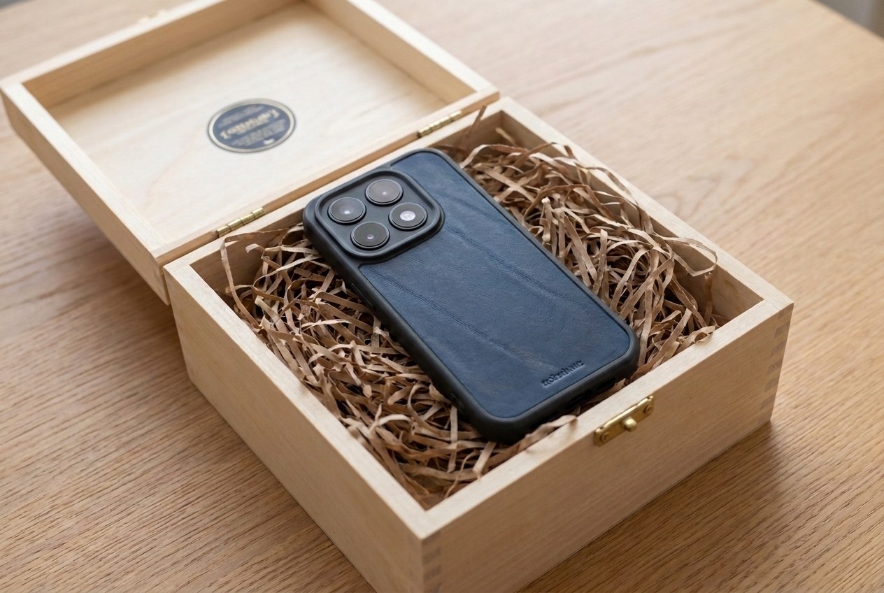 Modrý kožený kryt Xiaomi uložený v dřevěné dárkové krabičce s dřevitou vlnou