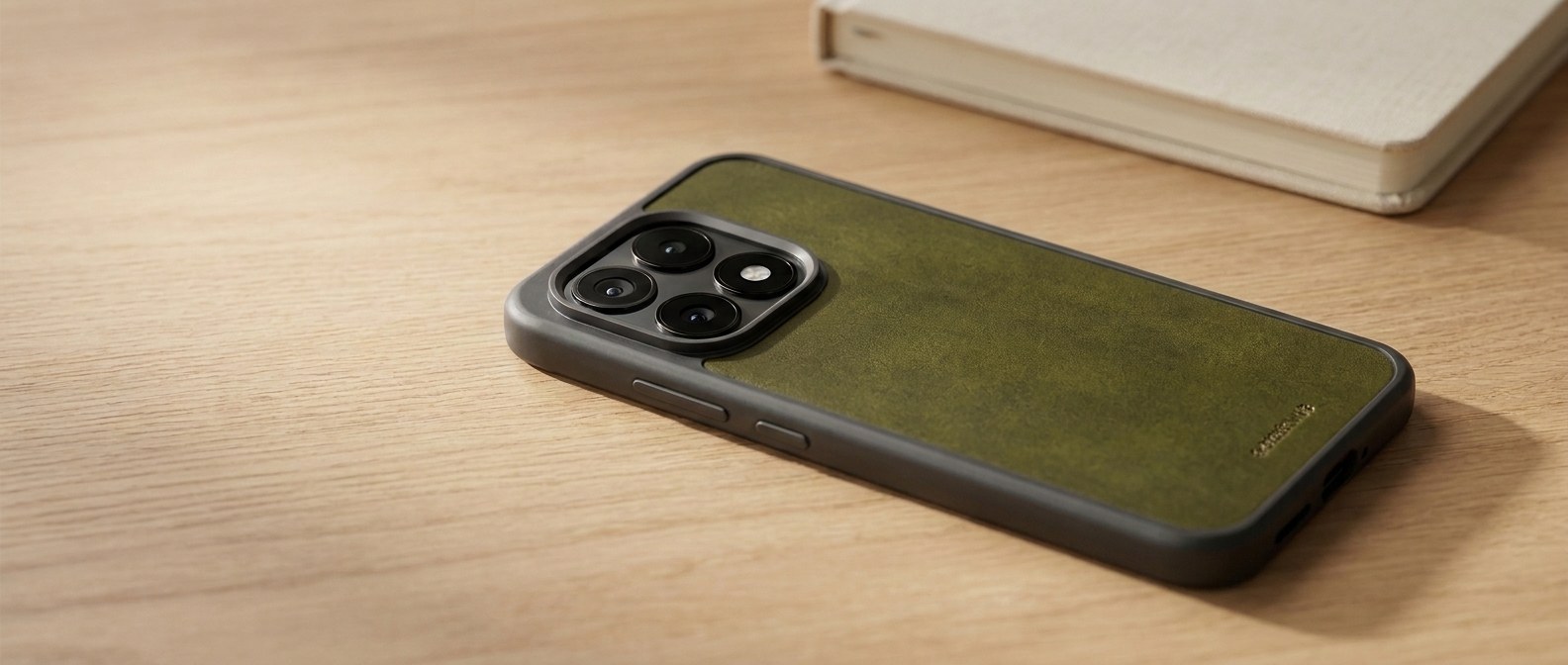Olivový kožený kryt na Xiaomi 17 s MagSafe položený zády vzhůru na dubovém stole