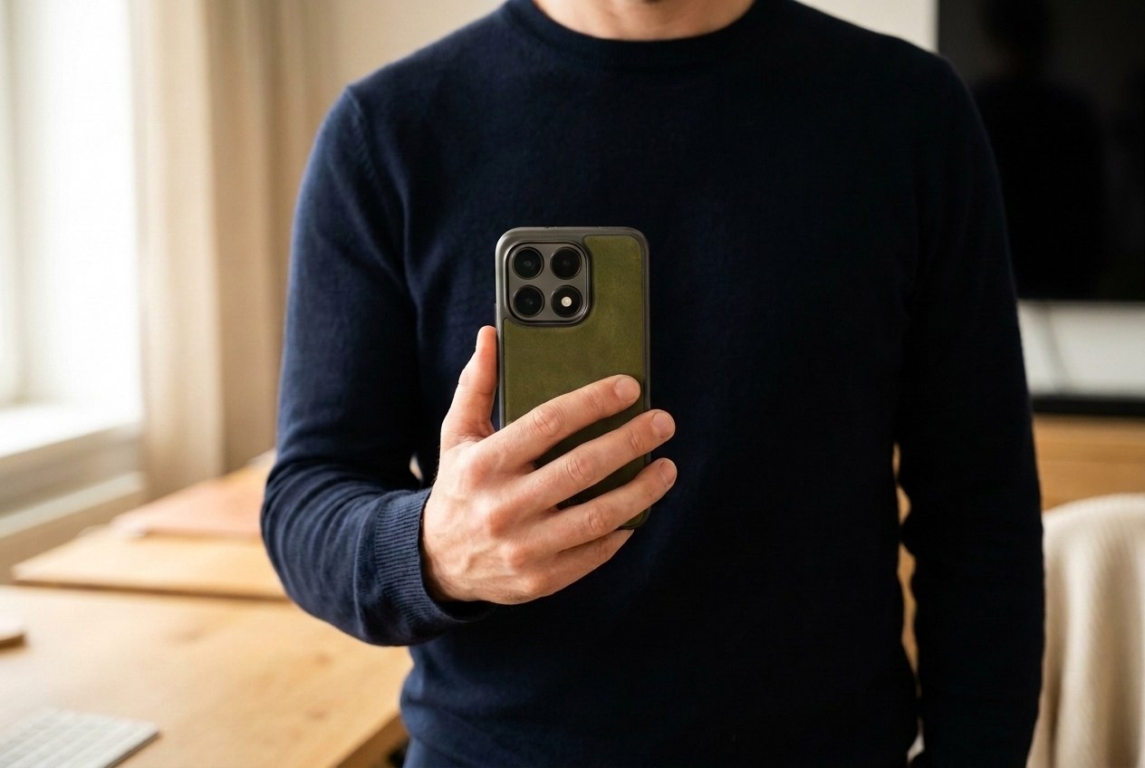 Muž v tmavém svetru drží Xiaomi ve olivovém koženém krytu, záda krytu směrem k divákovi