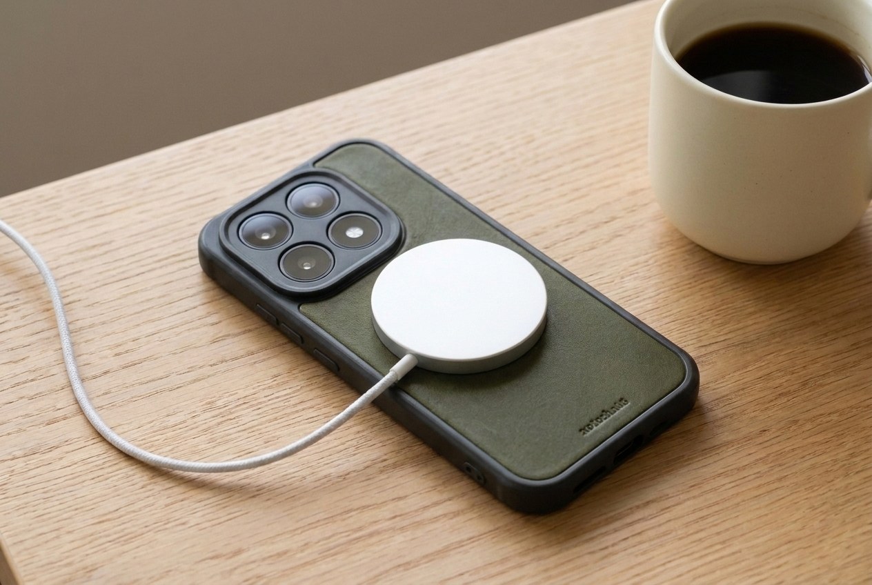 Bezdrátová nabíječka MagSafe přichycená na zádech olivového koženého krytu Xiaomi na dubovém stole
