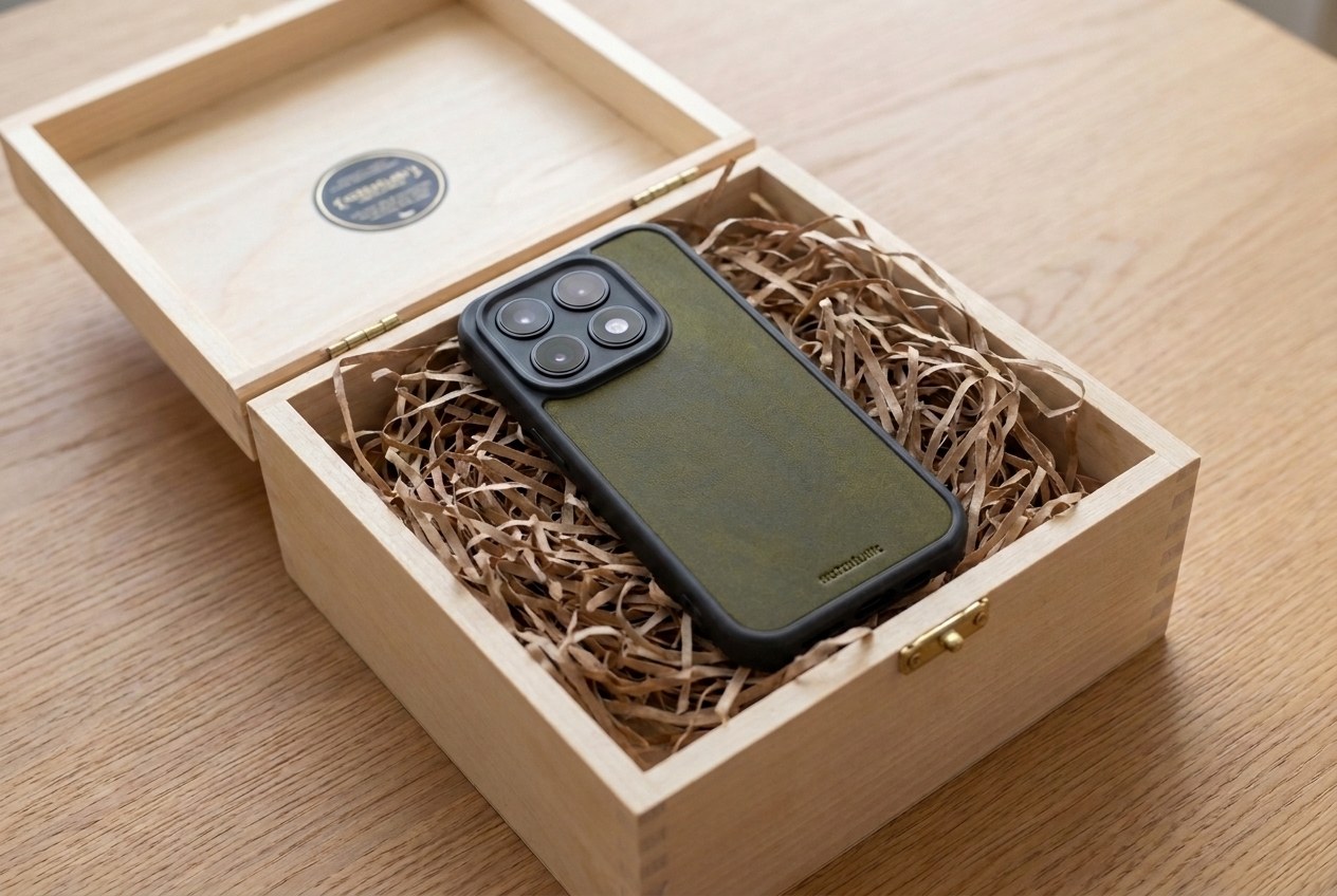 Olivový kožený kryt Xiaomi uložený v dřevěné dárkové krabičce s dřevitou vlnou