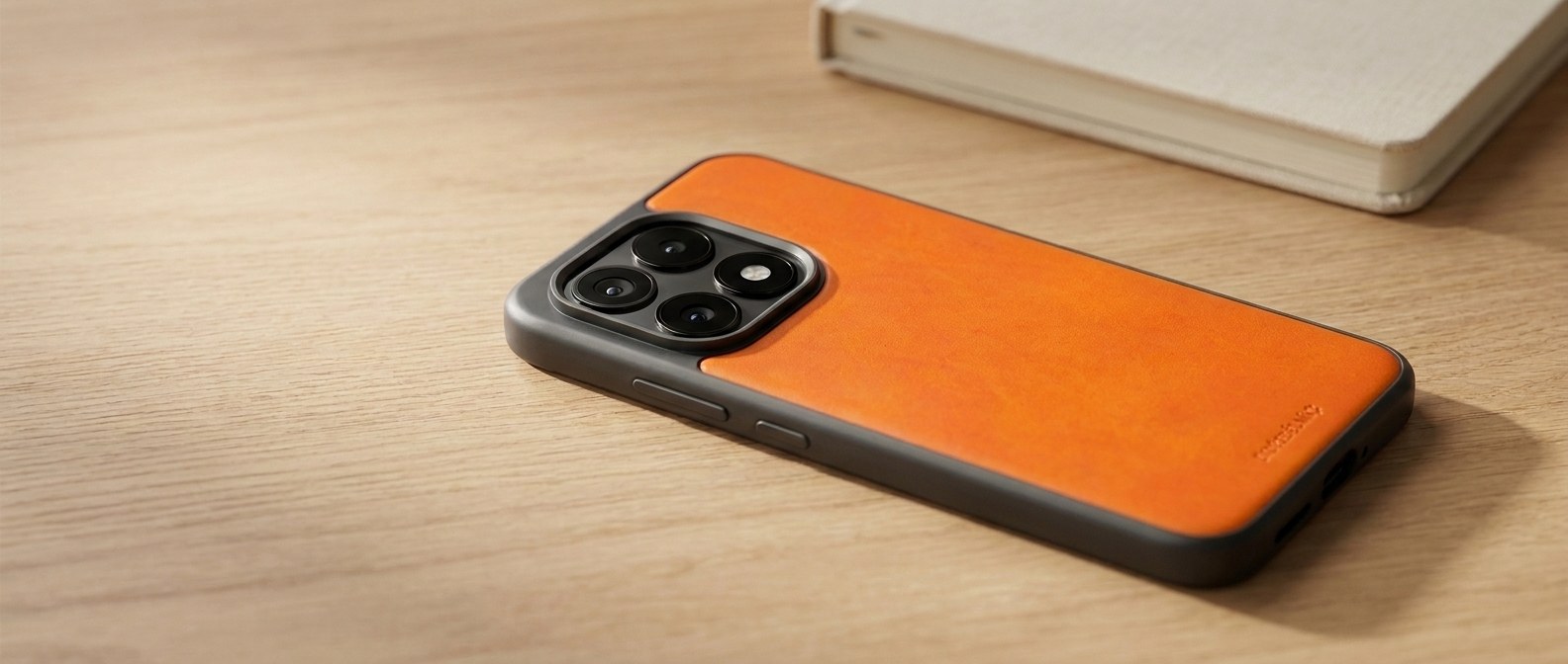 Oranžový kožený kryt na Xiaomi 17 s MagSafe položený zády vzhůru na dubovém stole