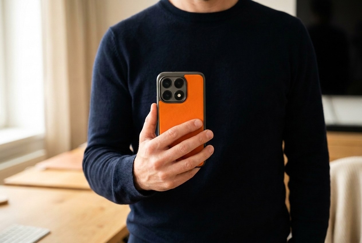 Muž v tmavém svetru drží Xiaomi ve oranžovém koženém krytu, záda krytu směrem k divákovi