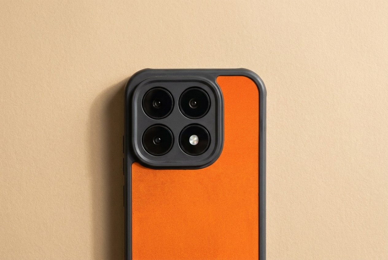 Detail výřezu kolem čoček fotoaparátu a tlačítek na oranžovém koženém krytu Xiaomi