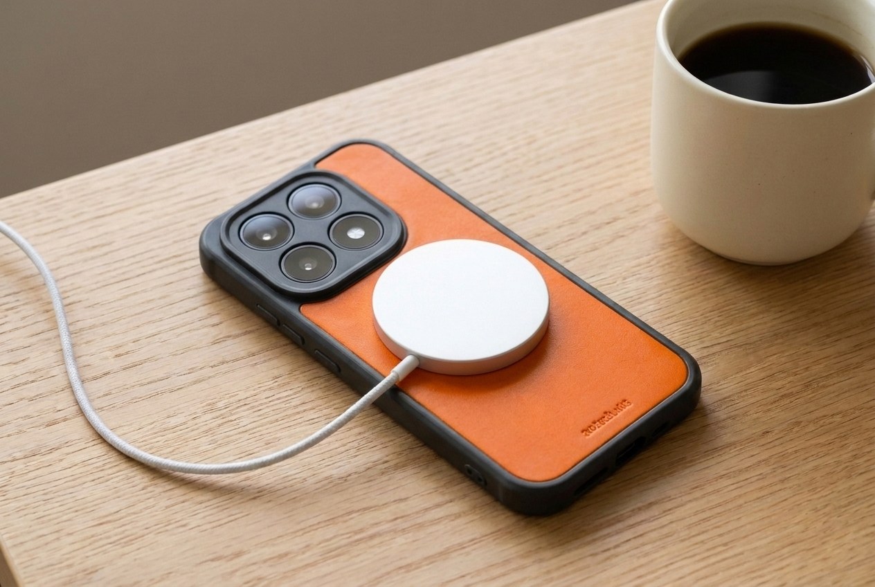 Bezdrátová nabíječka MagSafe přichycená na zádech oranžového koženého krytu Xiaomi na dubovém stole