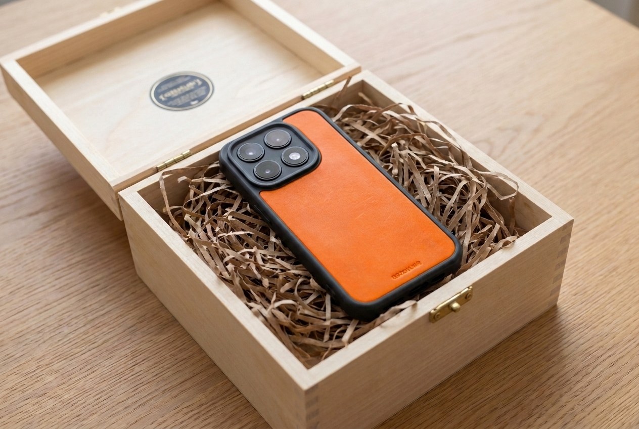 Oranžový kožený kryt Xiaomi uložený v dřevěné dárkové krabičce s dřevitou vlnou