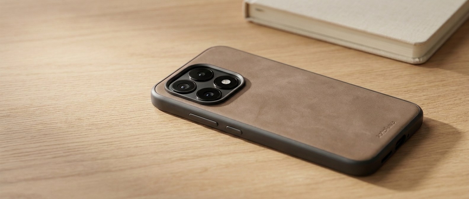 Kožený kryt v barvě taupe na Xiaomi 17 s MagSafe položený zády vzhůru na dubovém stole