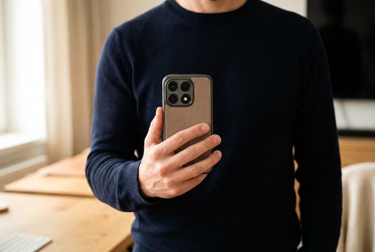 Muž v tmavém svetru drží Xiaomi ve koženém krytu v barvě taupe, záda krytu směrem k divákovi