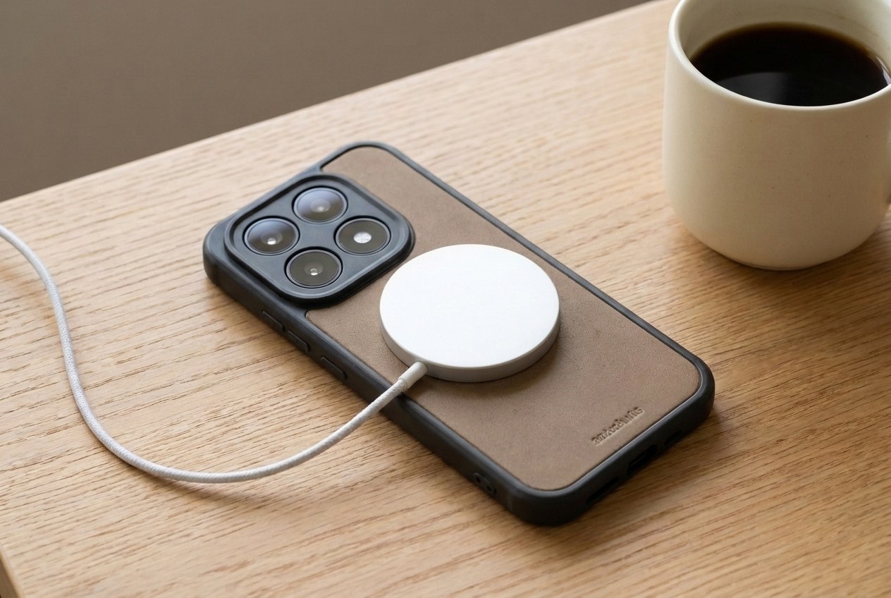 Bezdrátová nabíječka MagSafe přichycená na zádech koženého krytu v barvě taupe Xiaomi na dubovém stole