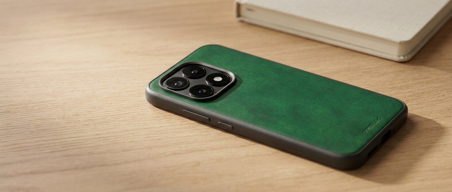 Zelený kožený kryt na Xiaomi 17 s MagSafe položený zády vzhůru na dubovém stole