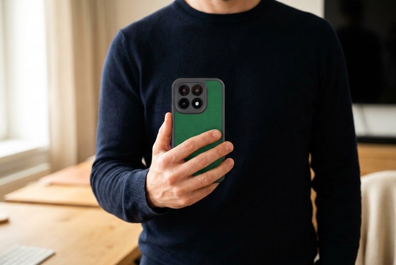 Muž v tmavém svetru drží Xiaomi ve zeleném koženém krytu, záda krytu směrem k divákovi