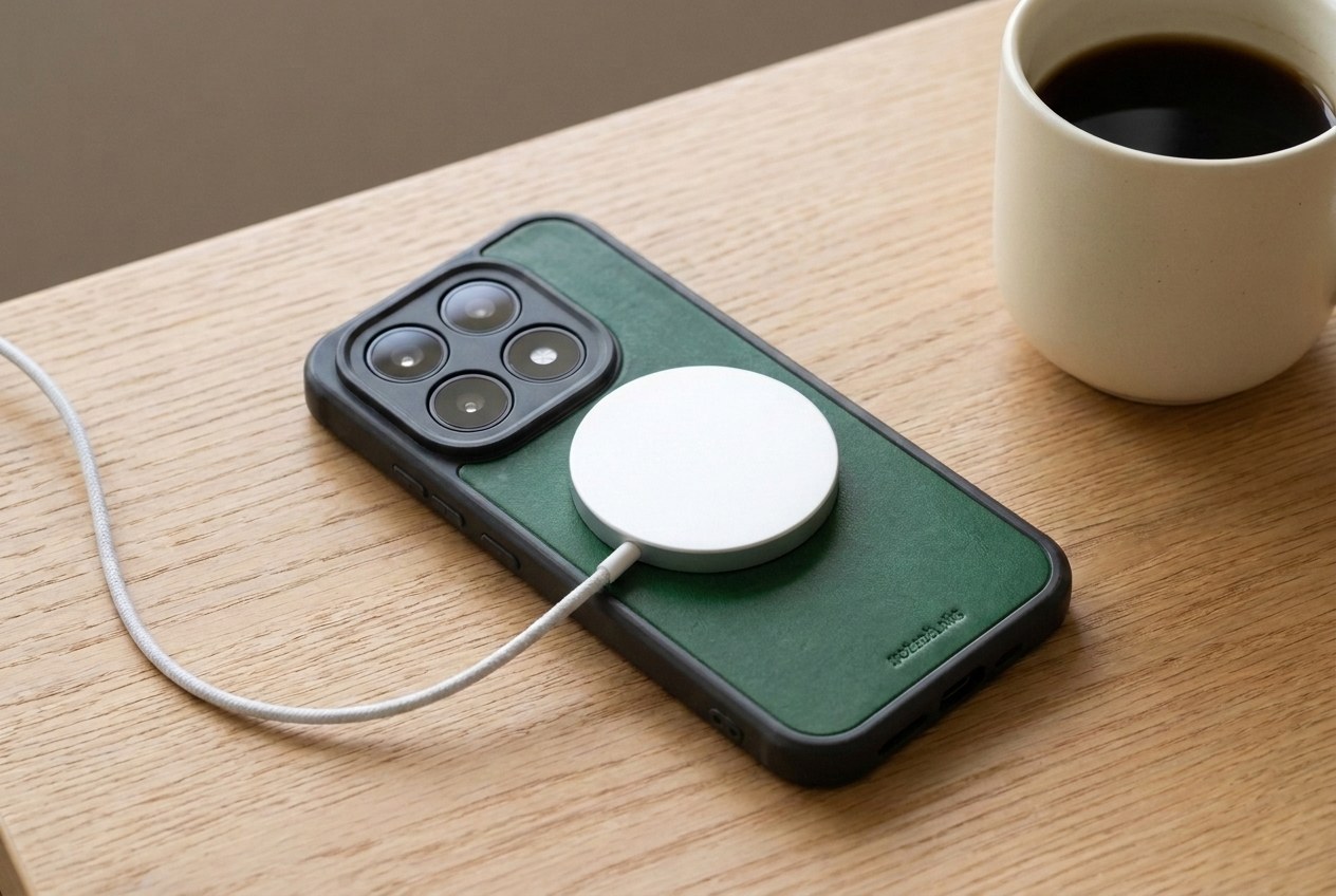 Bezdrátová nabíječka MagSafe přichycená na zádech zeleného koženého krytu Xiaomi na dubovém stole