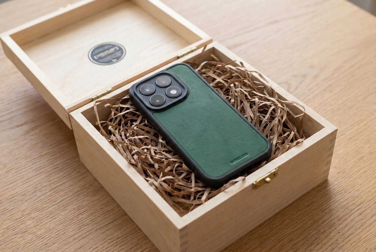 Zelený kožený kryt Xiaomi uložený v dřevěné dárkové krabičce s dřevitou vlnou