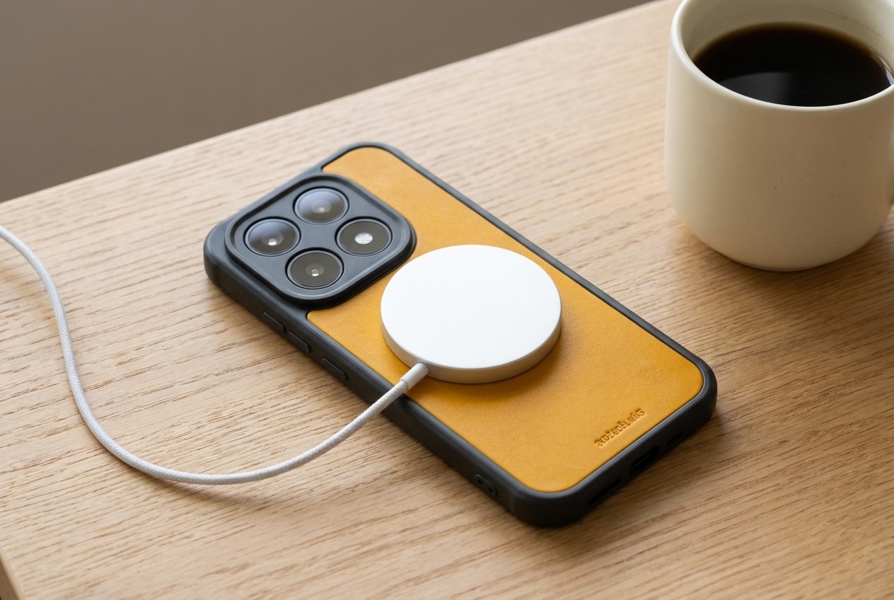 Bezdrátová nabíječka MagSafe přichycená na zádech žlutého koženého krytu Xiaomi na dubovém stole
