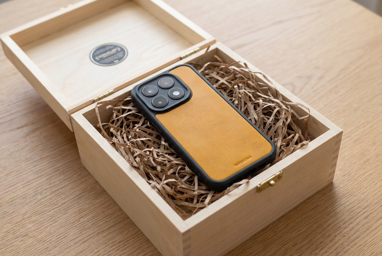 Žlutý kožený kryt Xiaomi uložený v dřevěné dárkové krabičce s dřevitou vlnou