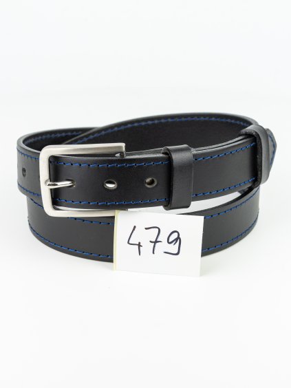 479 Henry opasek - černý prošívaný modrou, ocelová spona, velikost M (Zachraň kůži = více ks)  Univerzální pánský opasek. 1. jakost. Velikost M (na obvod pasu 92 – 107 cm). Délka opasku vč. spony cca 119 cm.
