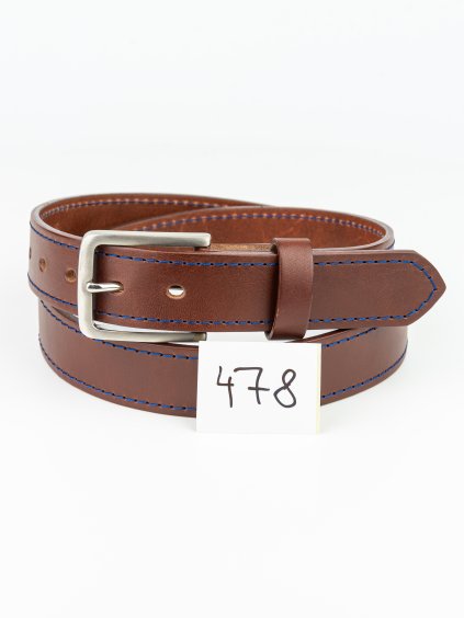 478 Henry opasek - hnědý prošívaný modrou, ocelová spona, velikost M (Zachraň kůži = více ks)  Univerzální pánský opasek. 1. jakost. Velikost M (na obvod pasu 92 – 107 cm). Délka opasku vč. spony cca 119 cm.