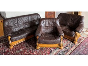 Luxusní dubová rustikální kožená sedací souprava 3+2+1