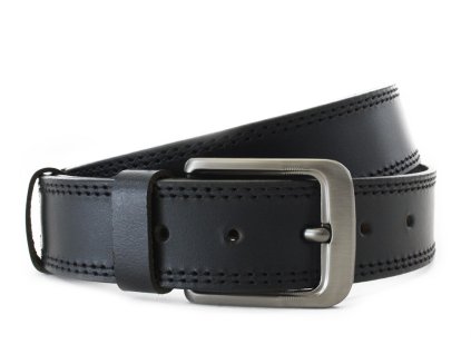 Černý kožený pánský opasek s dvojitým šitím 913-5002-2-60/60-9007-40 (Velikost 125 cm)