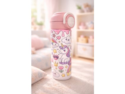 Dětská termoska s brčkem i pítkem - 530ml -  jednorožec