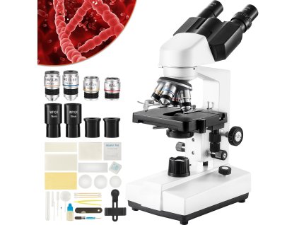 Binokulárny laboratórny mikroskop so zväčšením 40x-2500x, objektívmi 4X, 10X, 40X, 100X, a napájaním 100-240 V