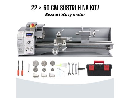 Malý sústruh na kov 220x600 mm, 750 W, s rozsahom závitov 8-44 TPI so 4-cestným revolverom