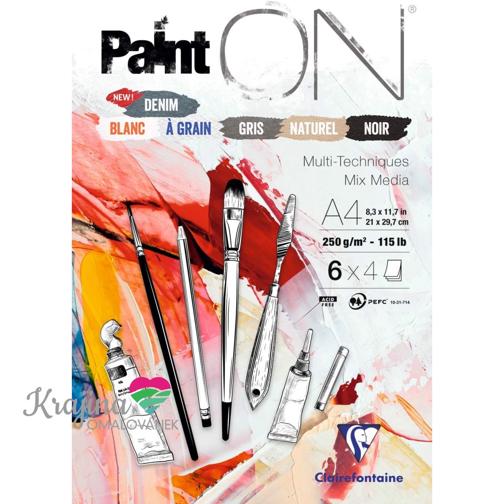 Clairefontaine, Paint on mix colors, blok různě barevných papírů, A4, 250 g, 24 listů