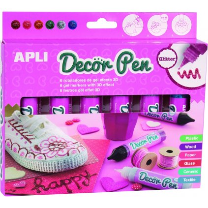 APLI, Decor Pen, sada dekoračních popisovačů s 3D efektem, třpytkové, 6 ks