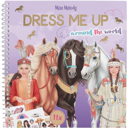 Miss Melody, Dress me up, Around the world, kreativní sešit se samolepkami