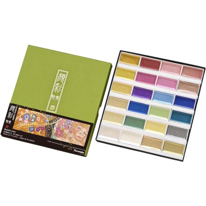 Kuretake, Gansai Tambi Metallic, akvarelové barvy v pánvičkách, metalické, 24 odstínů